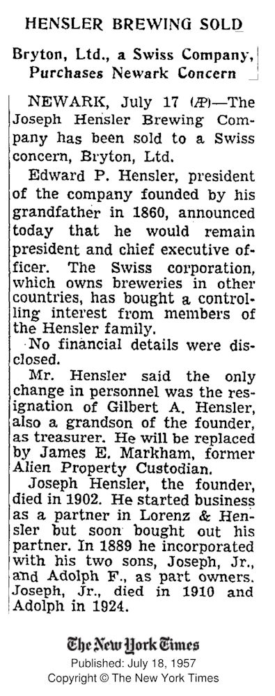 19570718 - Hensler Brewing Sold
New York Times
July 18, 1957
