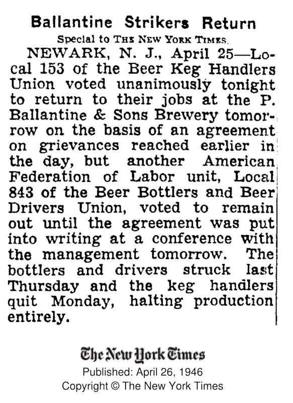 Ballantine Strikers Return
April 26, 1946
The New York Times
