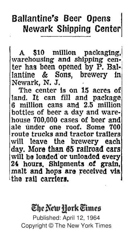 Ballantine's Beer Opens Newark Shipping Center
April 12, 1964
The New York Times
