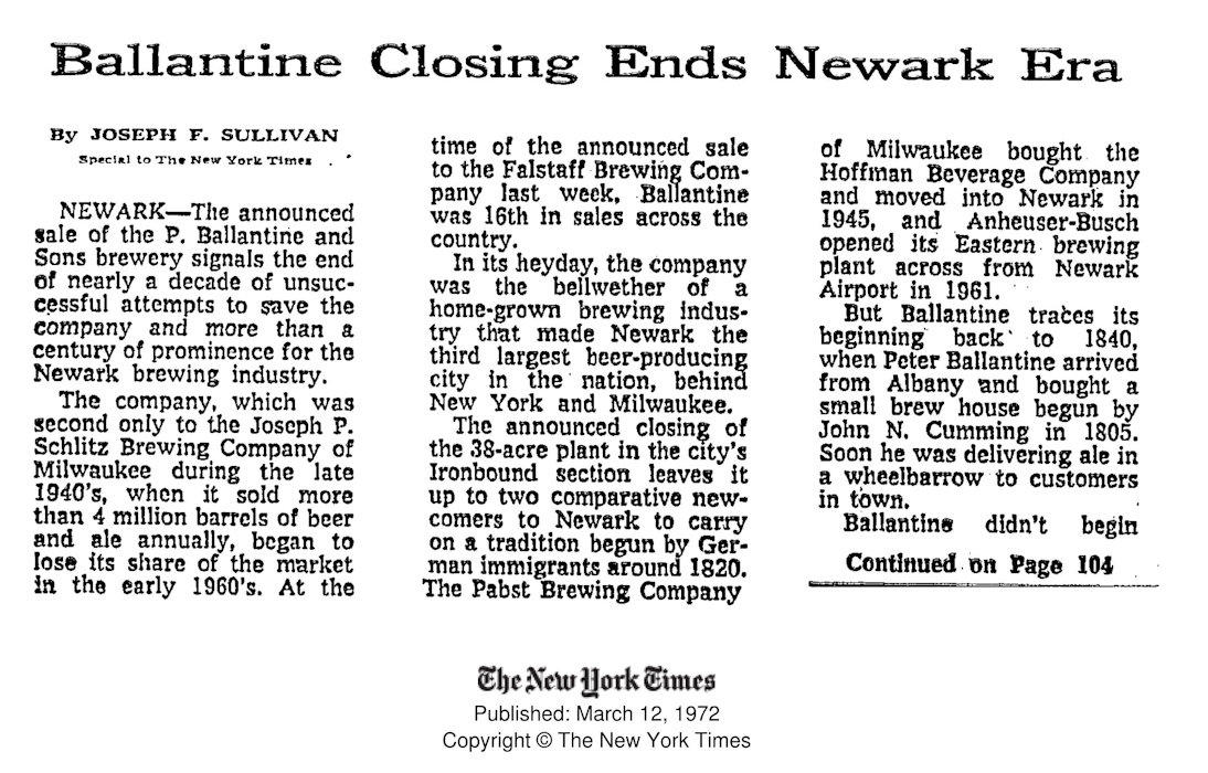 Ballantine Closing Ends Newark Era Page 1
March 12, 1972
The New York Times
