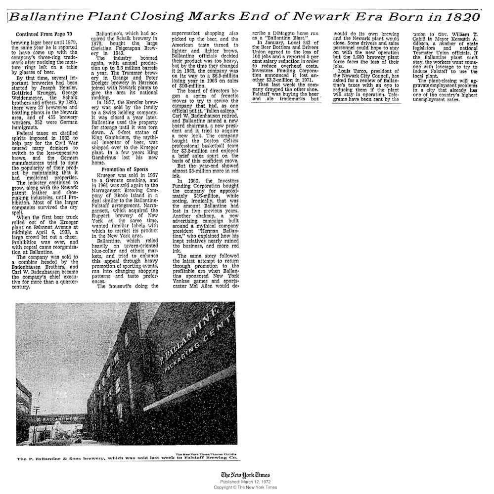 Ballantine Plant Closing Marks End of Newark Era Born in 1820 Page 2
March 12, 1972
