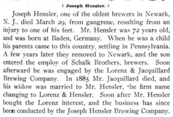 Joseph Hensler Obituary
From American Brewer's Review 1902

