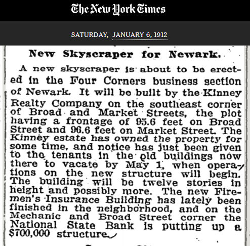 New Skyscraper for Newark
January 6, 1912

