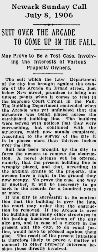 Suit Over the Arcade to Come Up in the Fall
July 8, 1906
