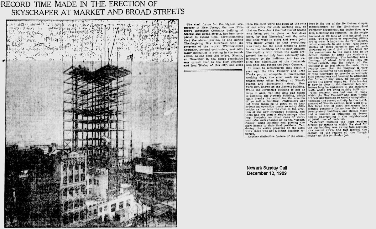 Record Time Made in the Erection of Skyscraper at Market & Broad Streets
1909
