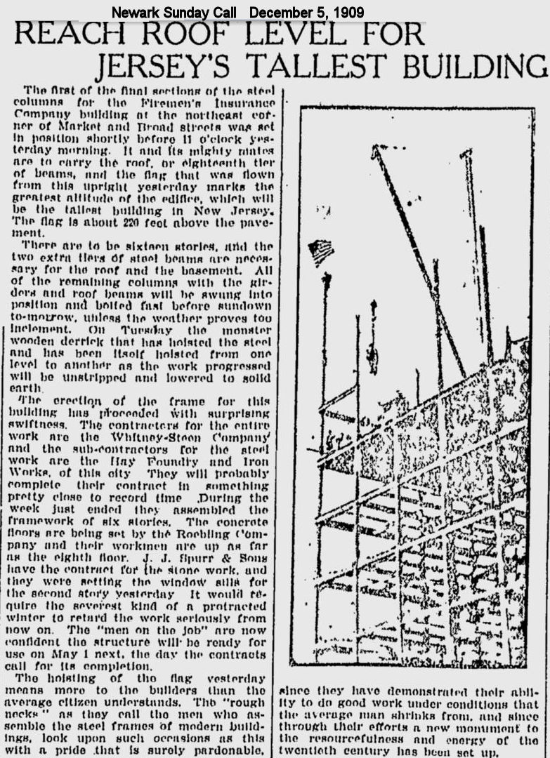Reach Roof Level for Jersey's Tallest Building
1909
