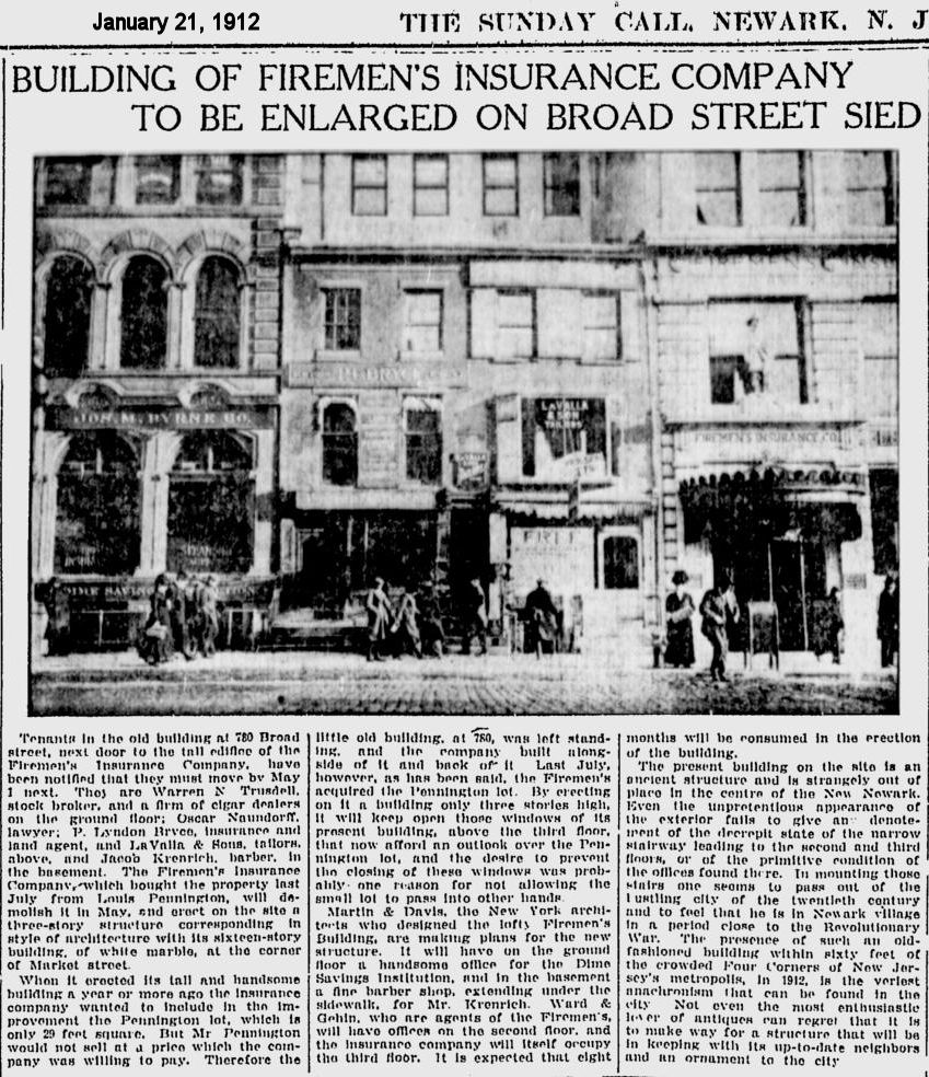 Building of Firemen's Insurance Company to be Enlarged on Broad Street Side
1912
