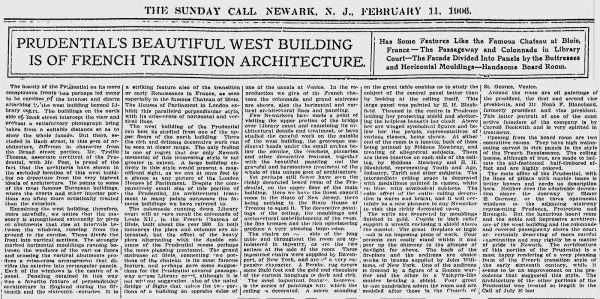 Prudential's Beautiful West Building is of French Transition Architecture
February 11, 1906
