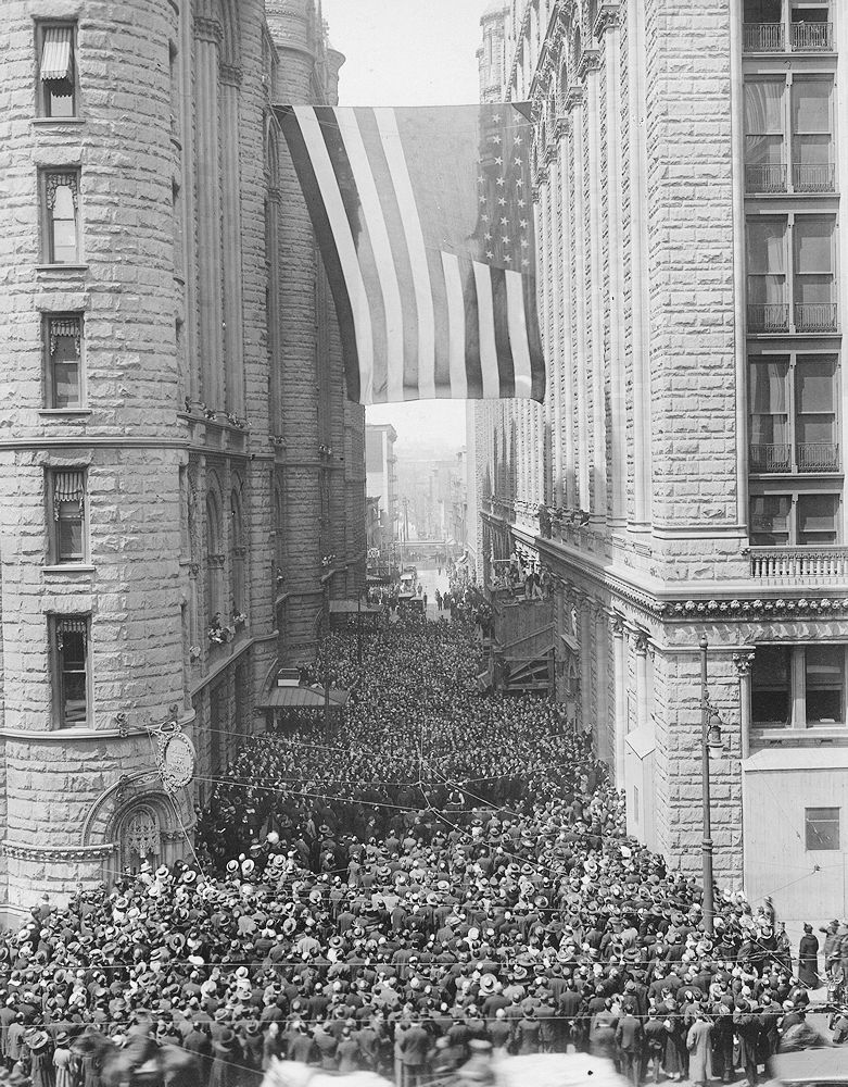One of the largest flags ever made. Presented by the Prudential Insurance Company to hang during the duration of the war in the streets of Newark, N. J.
Photo from the National Archives
~1917
