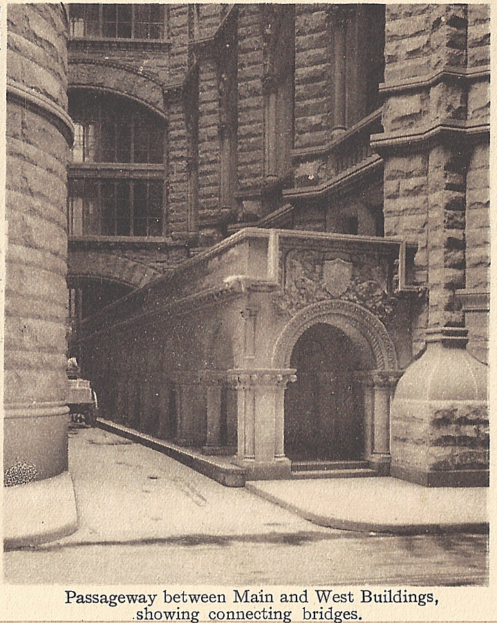 Passageway between the Main & West Buildings, showing the connecting bridges.
Photo from "The Home of the Prudential" 1917
