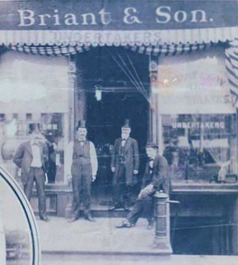 These were predecessors of Smith and Smith undertaking firm.  Establishment in 1880, known as Briant & Son, was at 830 Broad Street, near Old First Church, beneath offices of Riker & Riker. From left, Charles J. Briant, Charles C. Briant, James A. Briant, the founder and his grandson, Harry C. Higginson.  The firm became Briant & Woodruff, then Joseph A. Logan and in 1903 became Smith & Smith.  Mr. Higginson, who began working for his grandfather, April, 23, 188*, is well established with his firm.
Photo from Peter Briant
