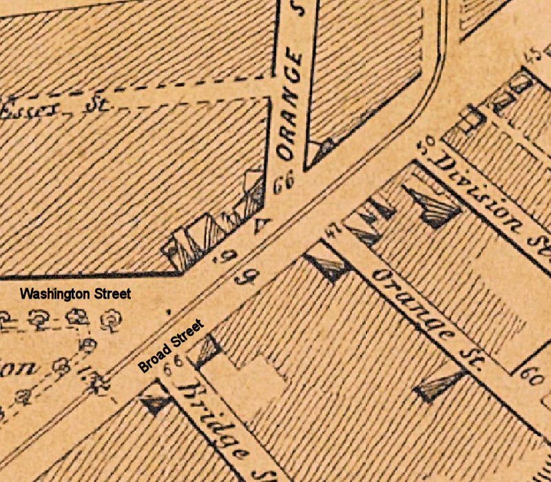 1847 Map
"V" on the map, 106 Broad Street (old numbers), corner of Broad & Orange Streets
