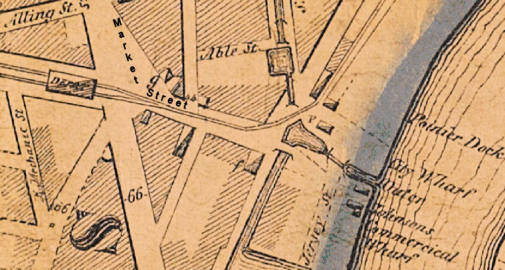 1847 Map
"f" on the map, 306 Market Street (old numbers), corner of Market Street, River Street & Railroad Place
