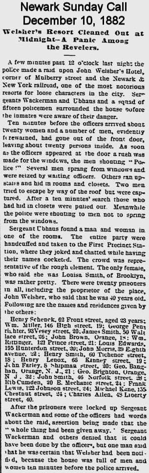 Welsher's Resort Cleaned Out at Midnight
December 19, 1882
Newark Sunday Call
