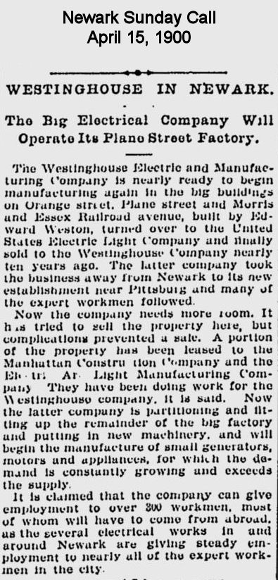 Westinghouse in Newark
April 15, 1900
