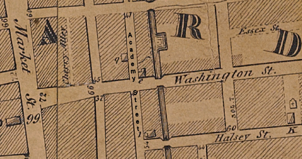 1847 Map
"e" on the map, the corner of Academy & Washington Streets
