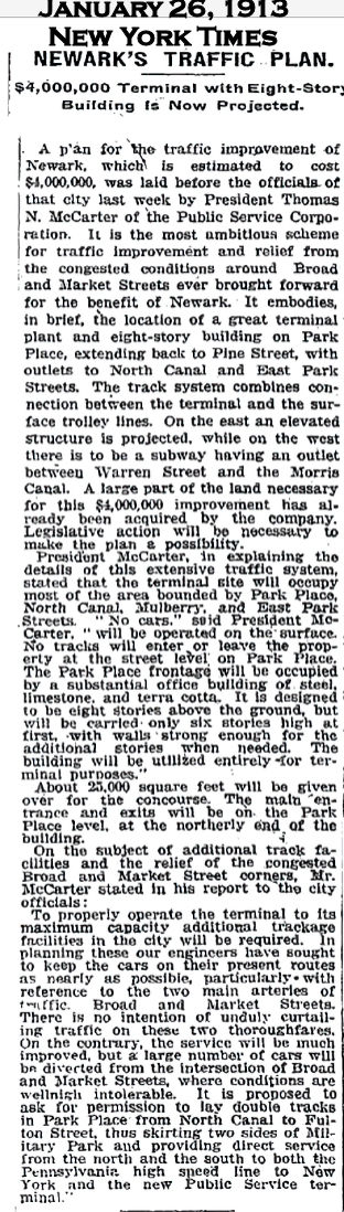 Newark's Traffic Plan
January 26, 1913
New York Times
