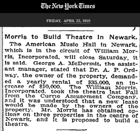 Morris to Build Theatre in Newark
April 22, 1910
