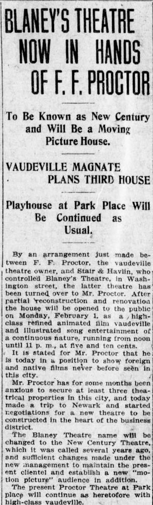 Blaney's Theatre Now in Hands of F. F. Proctor
Newark Star 1909
