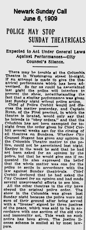 Police May Stop Sunday Theatricals
June 6, 1909
