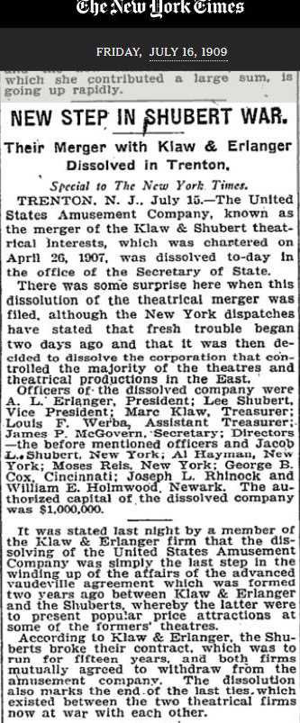 New Step in Shubert War
July 16, 1909
