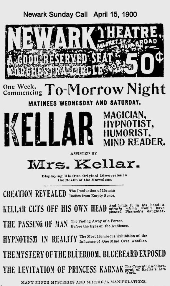 Keller Magician, Hypnotist, Humorist, Mind Reader
April 15, 1900
