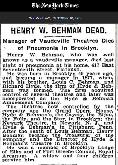 Henry W. Behman Dead
October 10, 1906
