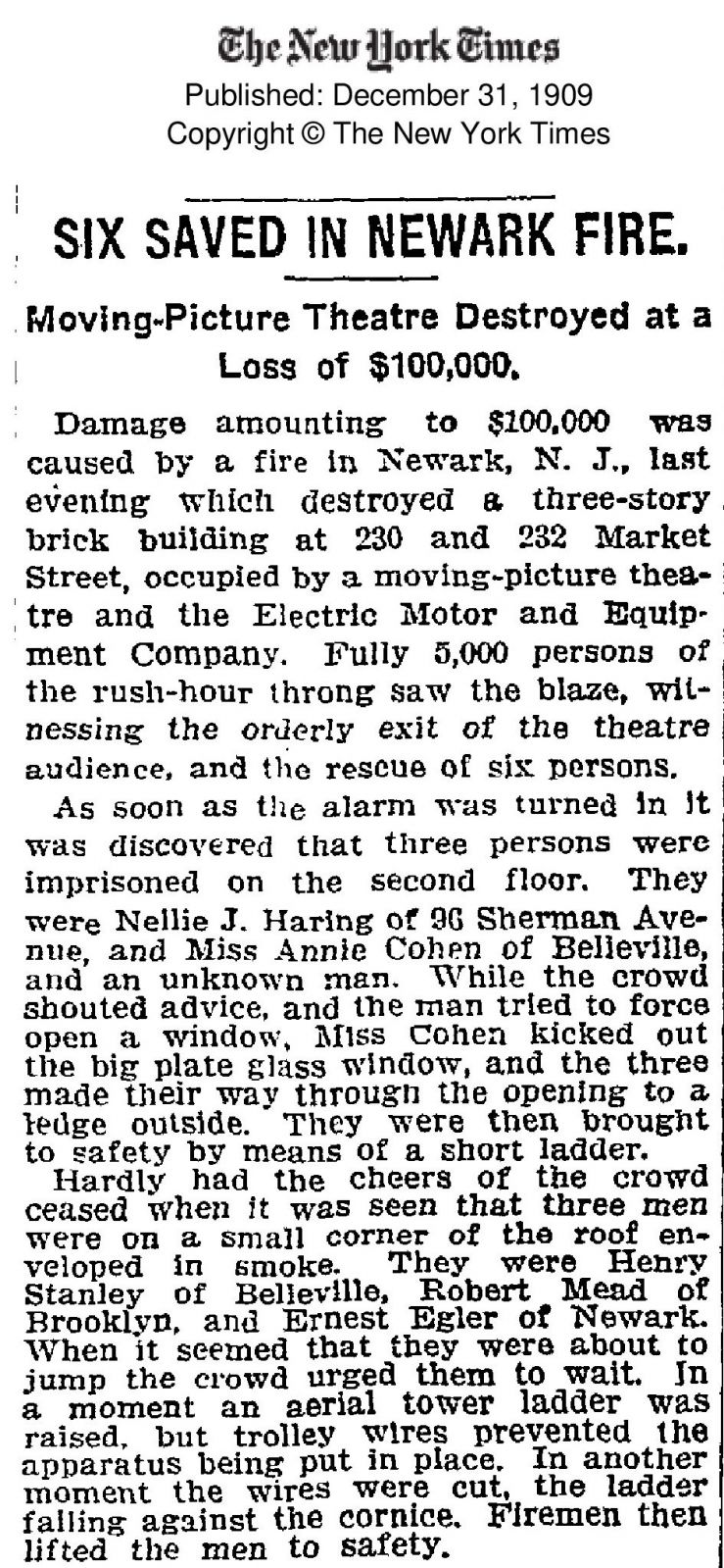 Six Saved in Newark Fire
December 31, 1909

