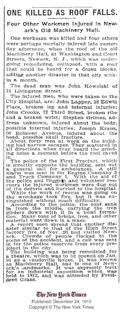 One Killed as Roof Falls
December 24, 1910
