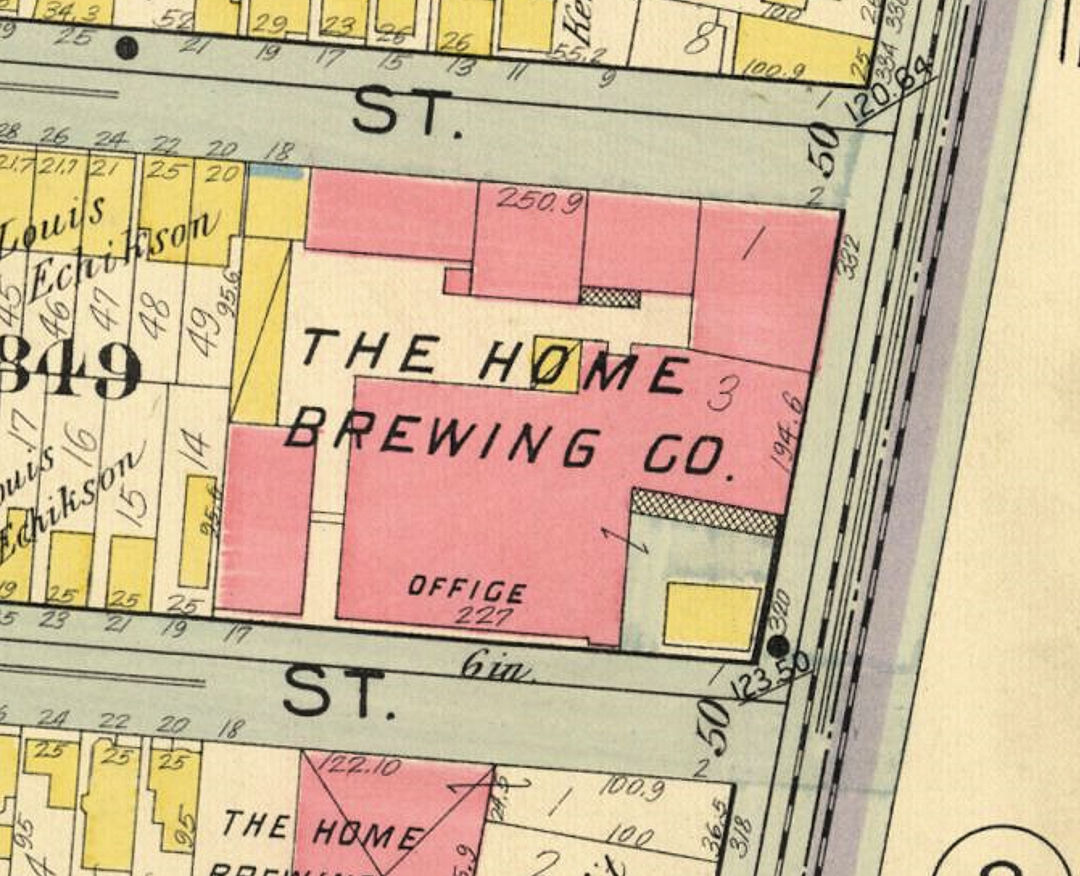 Yellow Square Surrounded by the Home Brewing Co.
1908 Map
