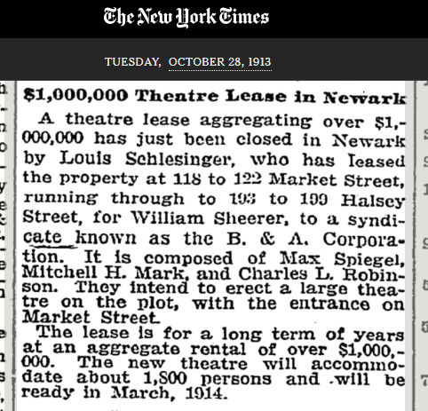 $1,000,000 Theatre Lease in Newark
October 28, 1913
