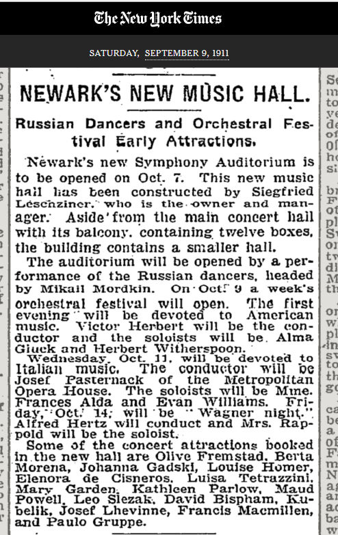 Newark's New Music Hall
September 9, 1911
