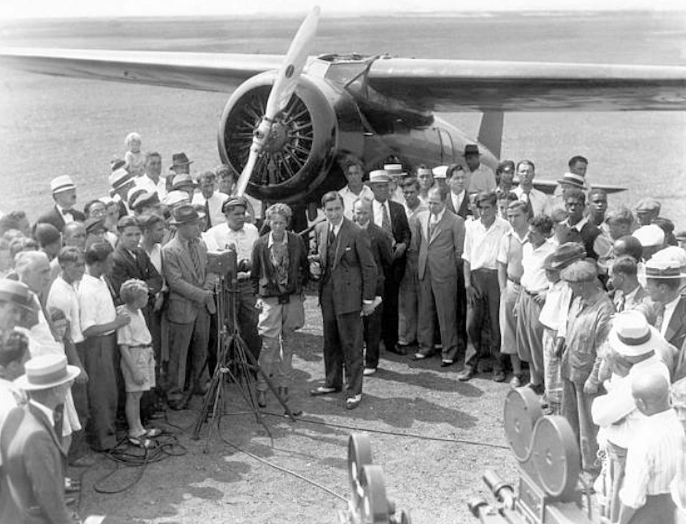 Amelia Earhart
Amelia Earhart is surrounded by a crowd after flying nonstop from Los Angeles to Newark. She is the first woman to fly nonstop across the United States. 
Photo by George Rinhart
