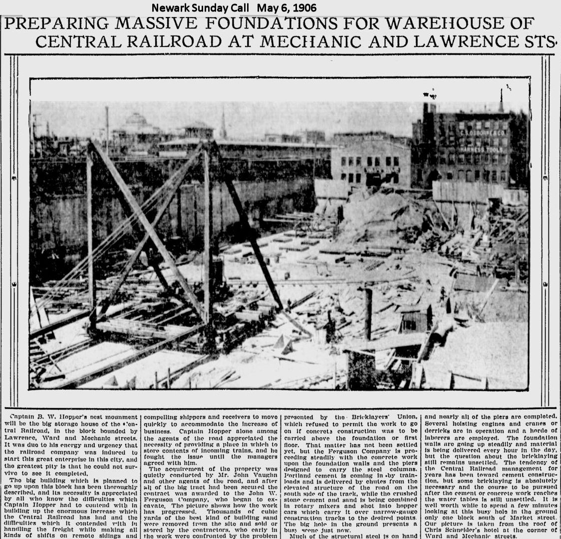 Preparing Massive Foundations for Warehouse of Central Railroad at Mechanic and Lawrence Streets
May 6, 1906
