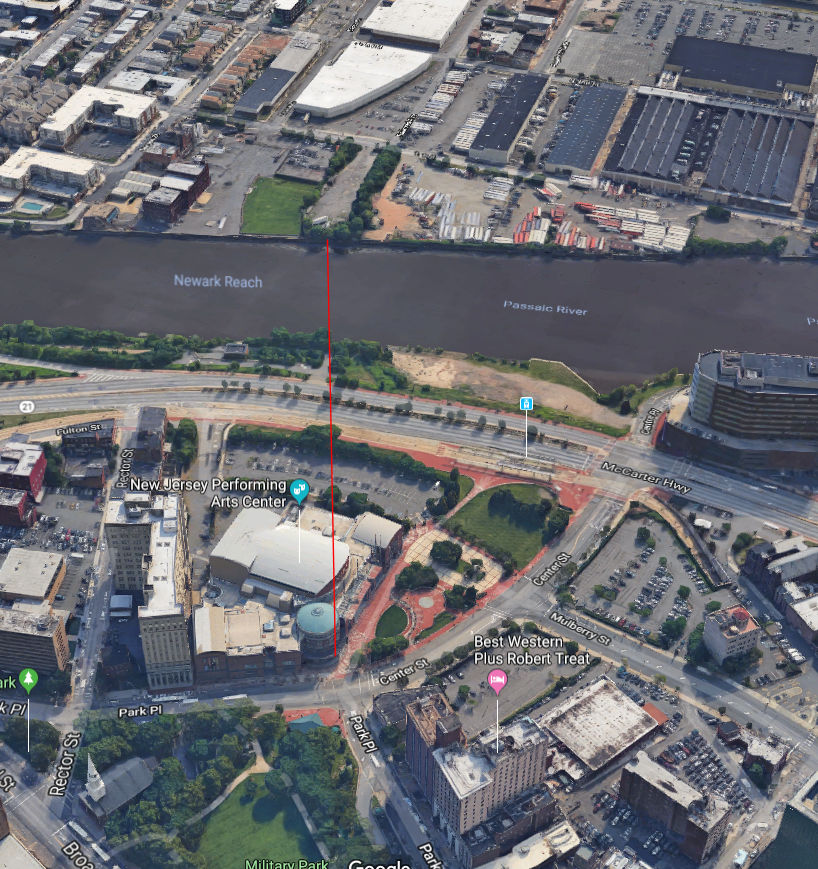 Red line shows the track path across the Passaic River
