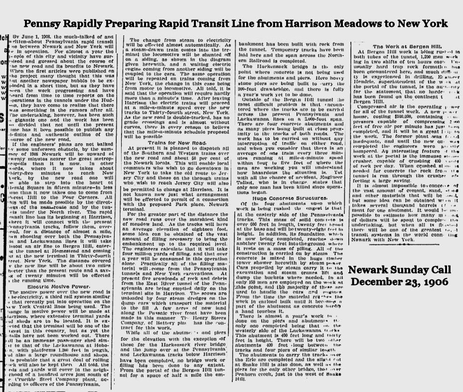 Pennsy Rapidly Preparing Rapid Transit Line from Harrison Meadows to New York
December 23, 1906
