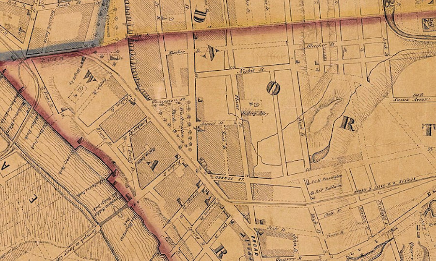1847 Map
The railroad started at Front Street near the Passaic River and ran up Centre Street then north onto Broad Street and then west again where the present day tracks are.
