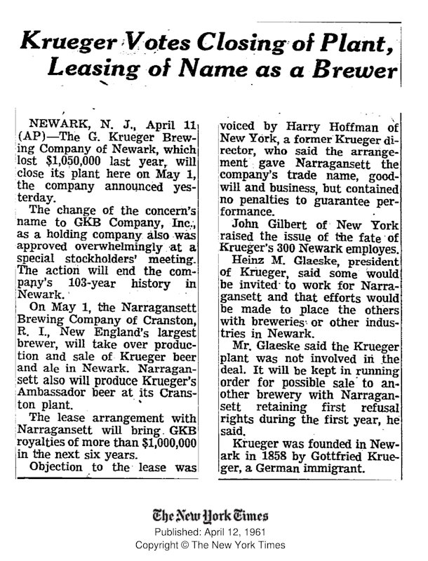 19610412 - Krueger Votes Closing of Plant, Leasing of Name as a Brewer
April 12, 1961
The New York Times
