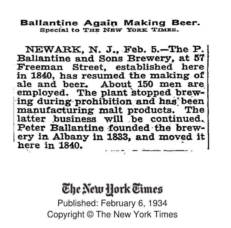 Ballantine Again Making Beer
February 6, 1934
The New York Times
