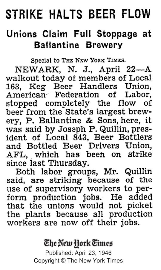 Strike Halts Beer Flow
April 23, 1946
The New York Times
