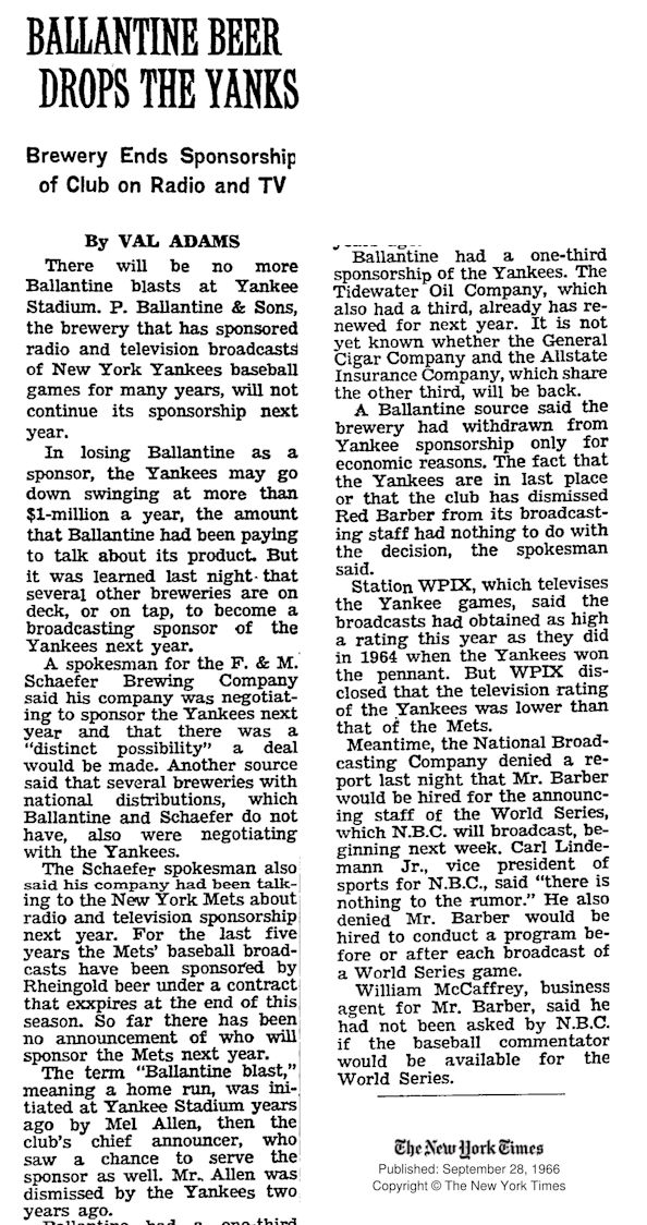 Ballantine Beer Drops the Yanks
September 28, 1966
The New York Times
