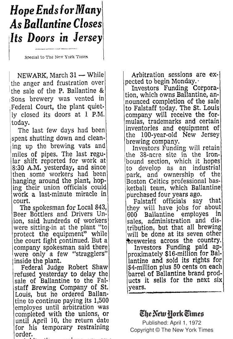 Hope Ends for Many as Ballantine Closes Its Doors in Jersey
April 1, 1972
The New York Times
