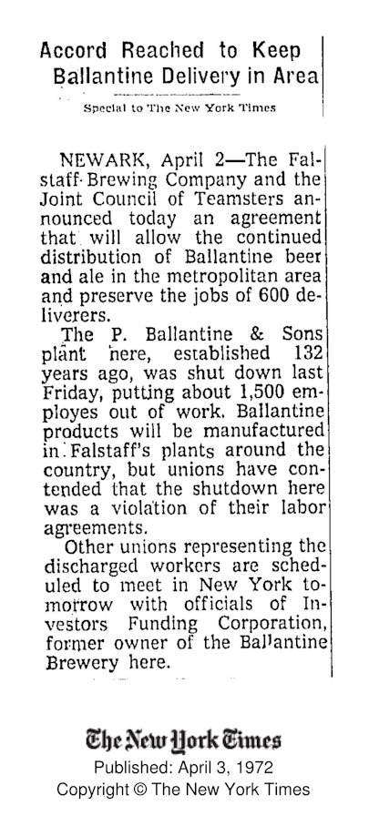 Accord Reached to Keep Ballantine Delivery in Area
April 3, 1972
The New York Times
