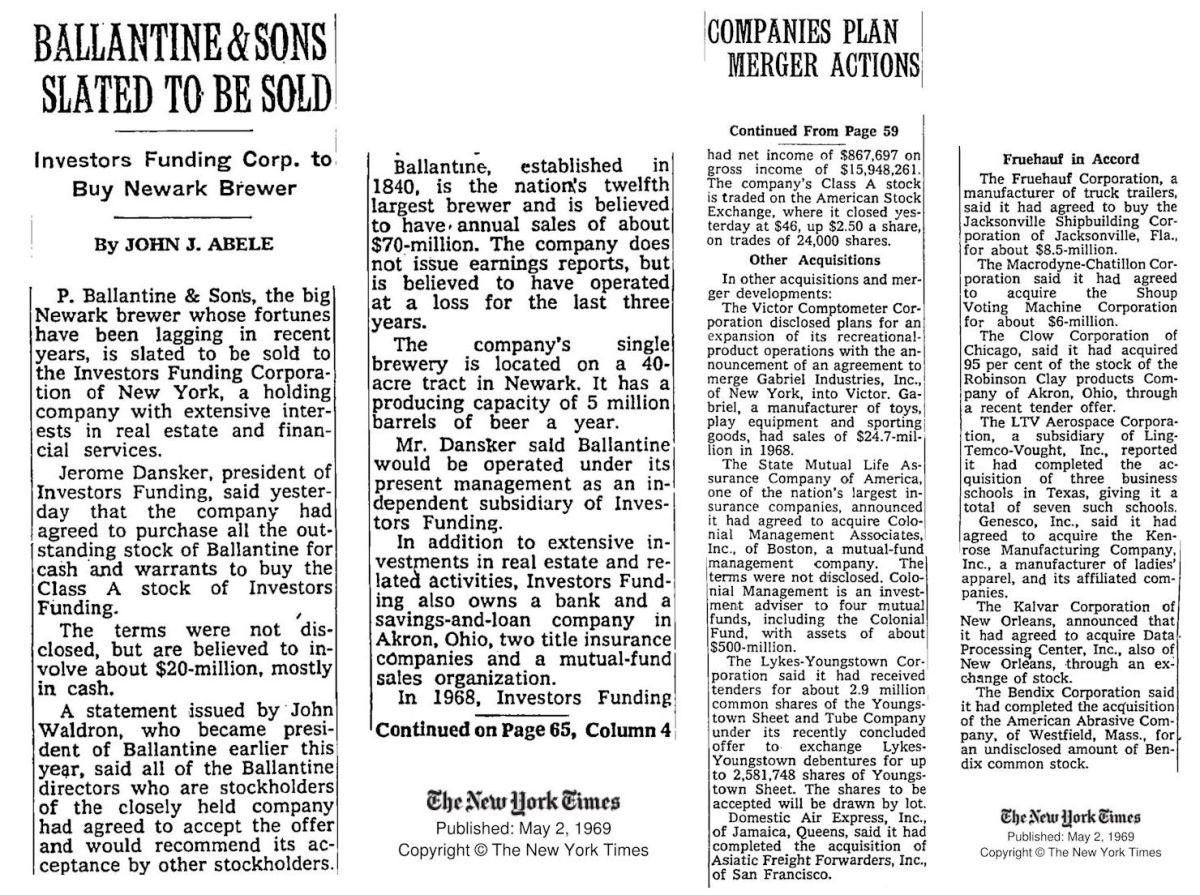 Ballantine & Sons Slated to be Sold
May 2, 1969
The New York Times
