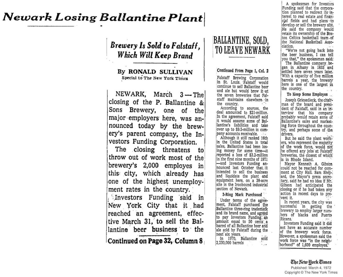 Newark Losing Ballantine Plant
March 4, 1972
The New York Times
