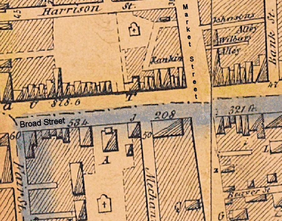1847 Map
315 Broad Street (old numbers) corner of Mechanic Street
"j" on the map
