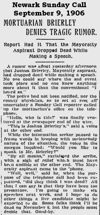 Mortuarian Brierley Denies Tragic Rumor
September 9, 1906

