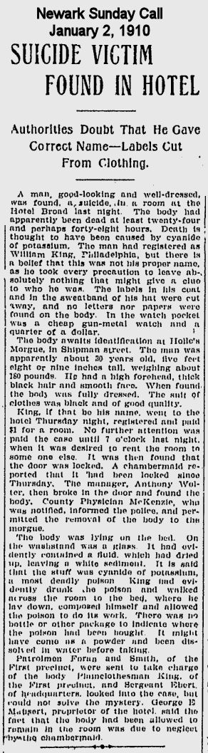 Suicide Victim Found in Hotel
January 2, 1910

