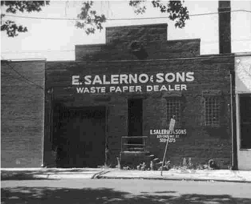 My grandfather, Enrico (Federico) Salerno, started a waste paper business at 325 Chestnut Street, Newark in the early 1920's. He had three sons working for him: Louis, John, and my father, Ernest. The business name was E. Salerno & Sons. The little green colored building was dwarfed by a hugh white building that eventually bought them out. That paper business was owned and operated by a Mr. White (I believe). 
This photo is of the building which has since been torn down (in about 1985) and incorporated as a loading dock for the larger, White building. 
Photo from Ernie Salerno 
