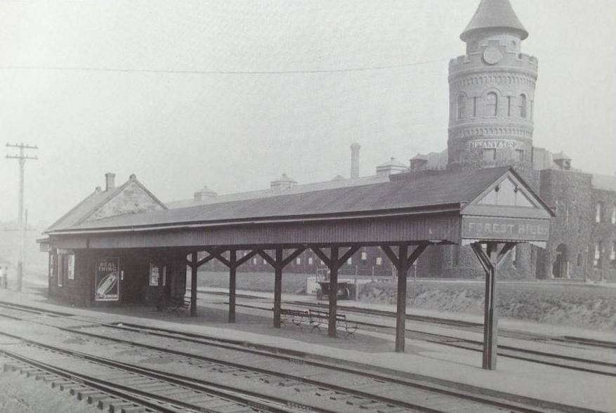 From Robert Hector: This was a station the Erie Railroad's New York & Greenwood Lake branch. Off to the lower-left of the picture was the Orange branch which crossed my street in East Orange and ended near Main St at the Orange-West Orange border. To the upper-left of the photo, was the Greenwood main branch, which went through Montclair, Great Notch, and ended at Wanaque. To the right was the line back to the Erie Terminal Jersey City (demolished in the sixties). Passenger service on the Orange branch ended in 1955 with only freight service into late eighties or early nineties. Part of this line is now used by the current Newark Light Rail System.
